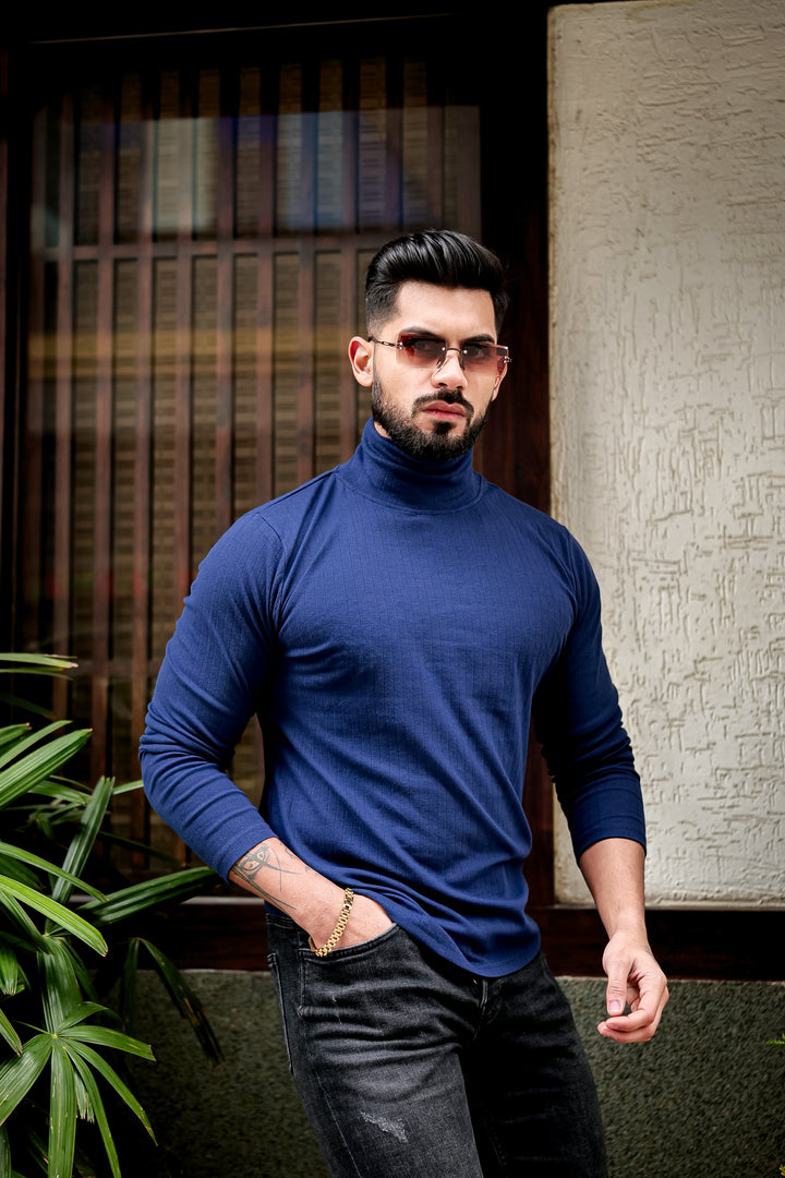 Navy Blue Self Design High Neck T-Shirt