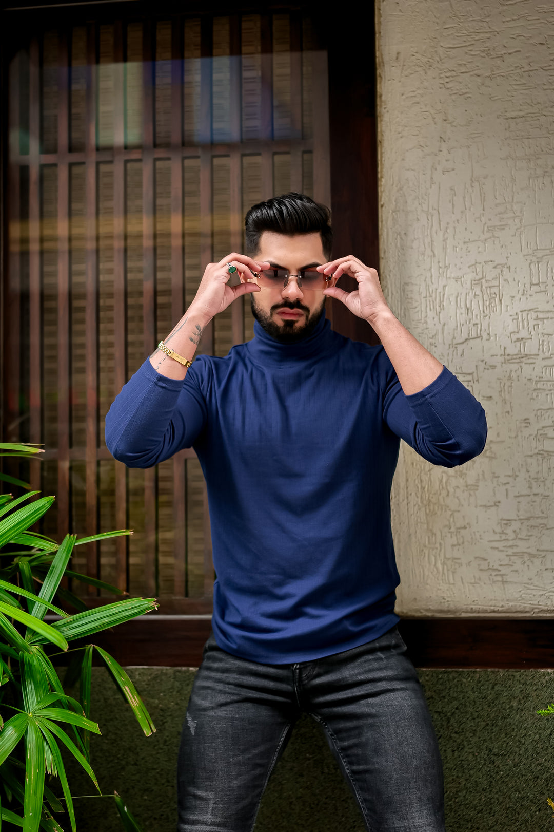 Navy Blue Self Design High Neck T-Shirt