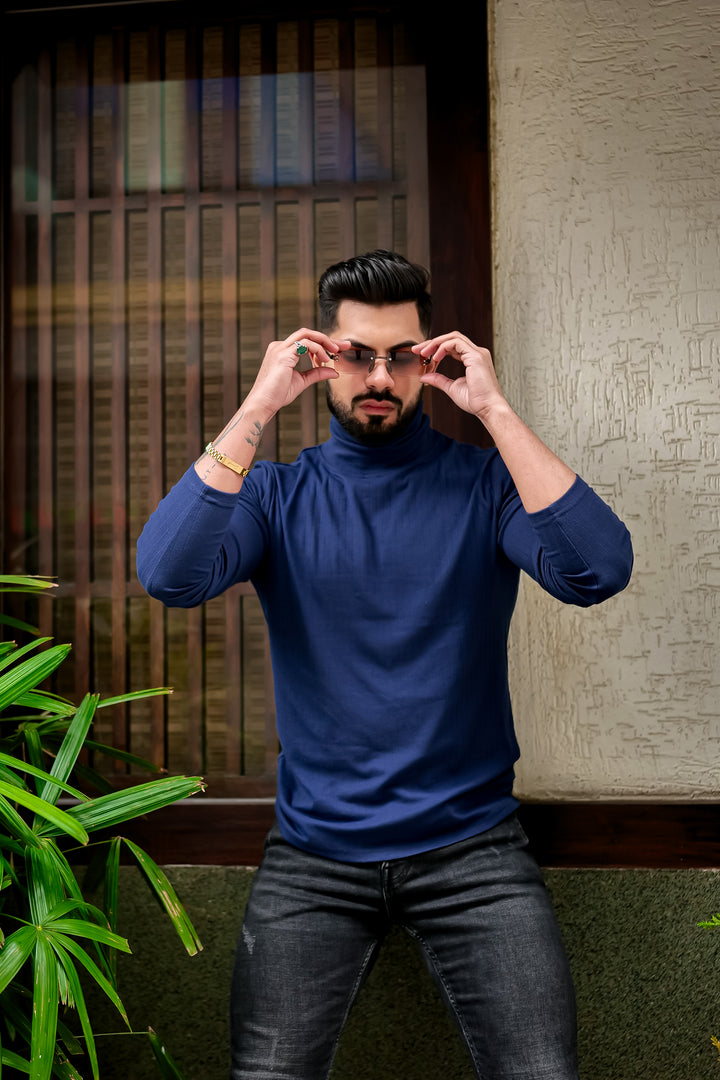 Navy Blue Self Design High Neck T-Shirt