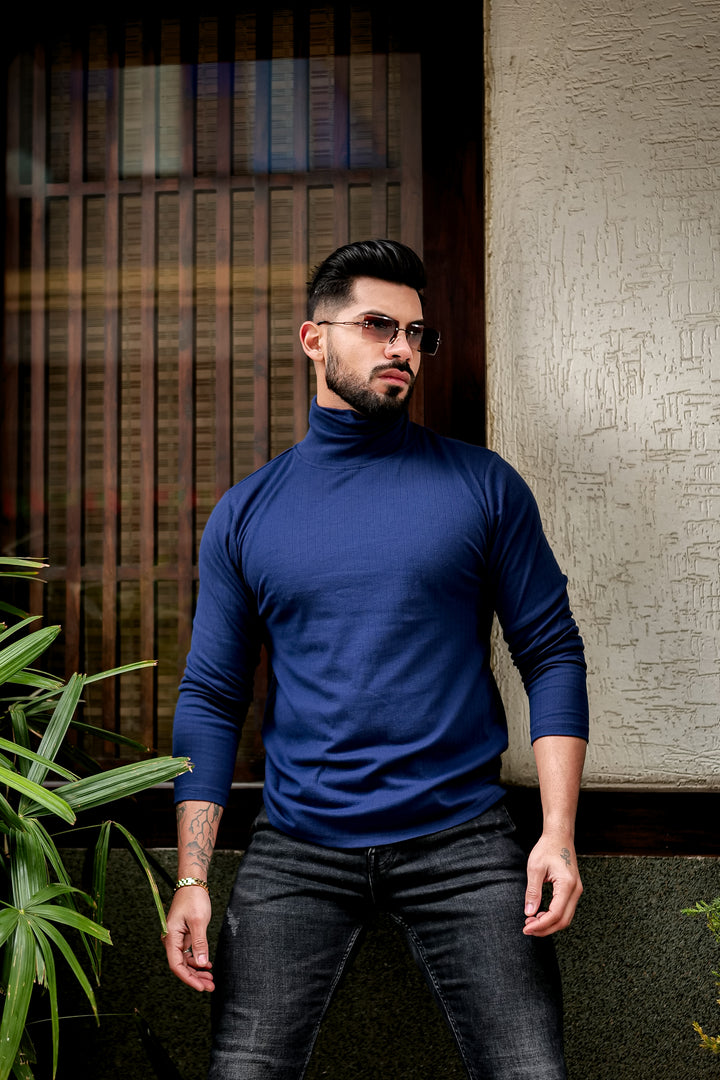 Navy Blue Self Design High Neck T-Shirt