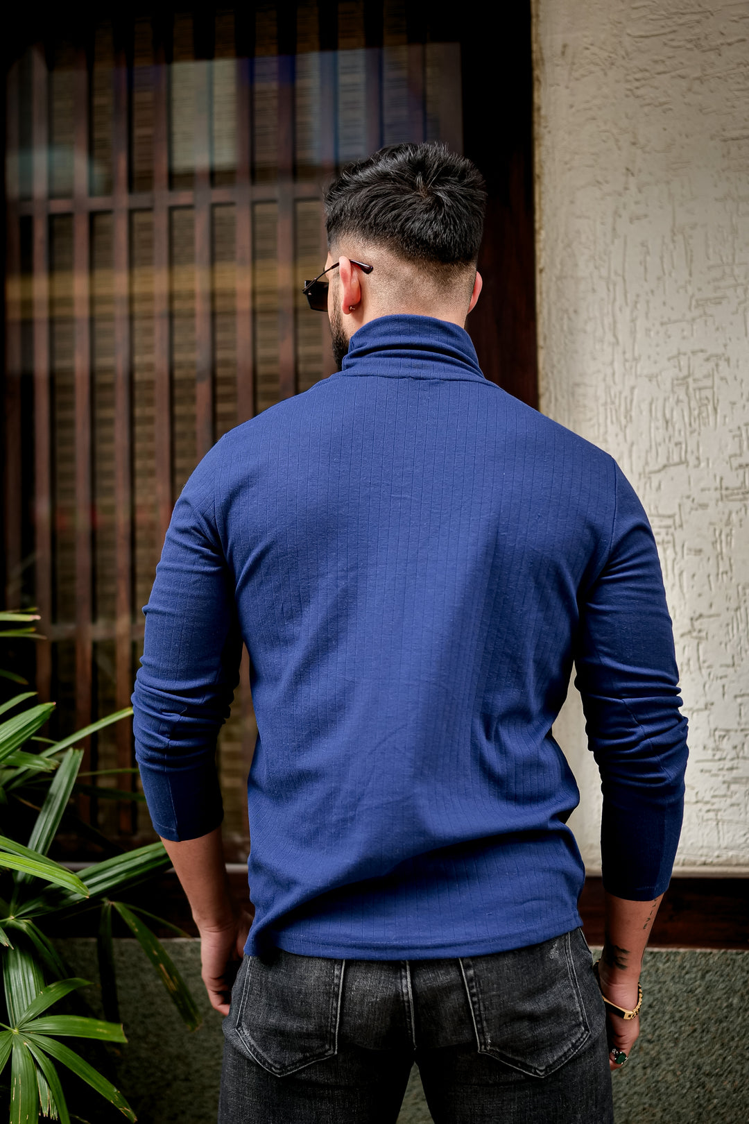 Navy Blue Self Design High Neck T-Shirt