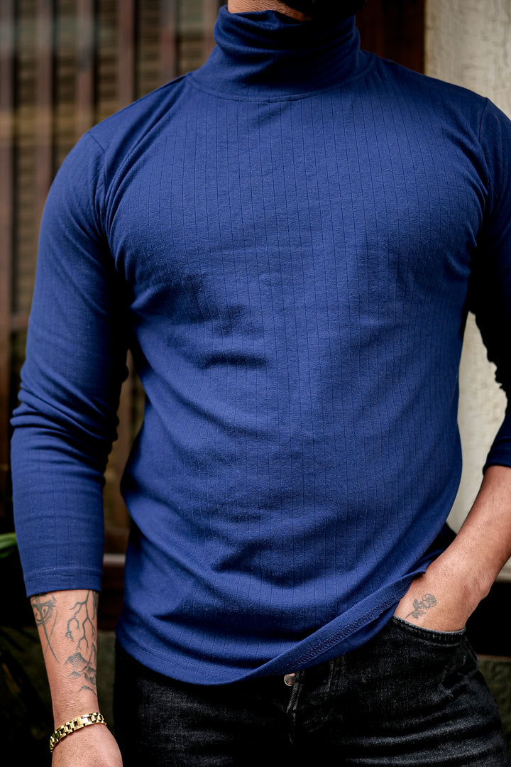 Navy Blue Self Design High Neck T-Shirt