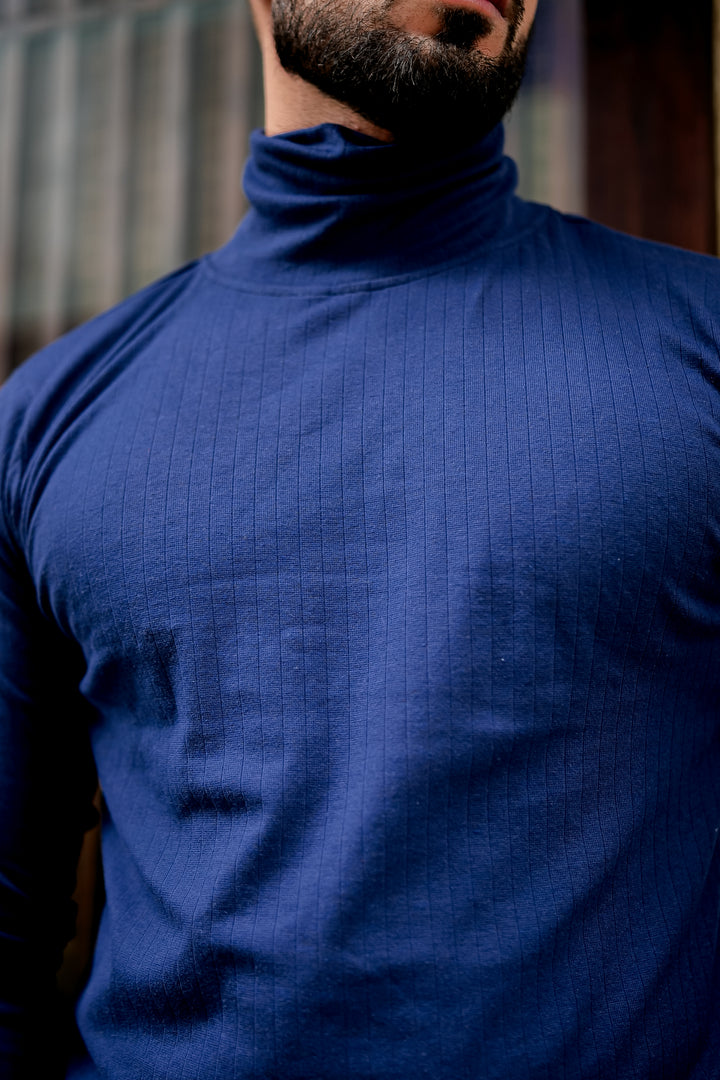 Navy Blue Self Design High Neck T-Shirt