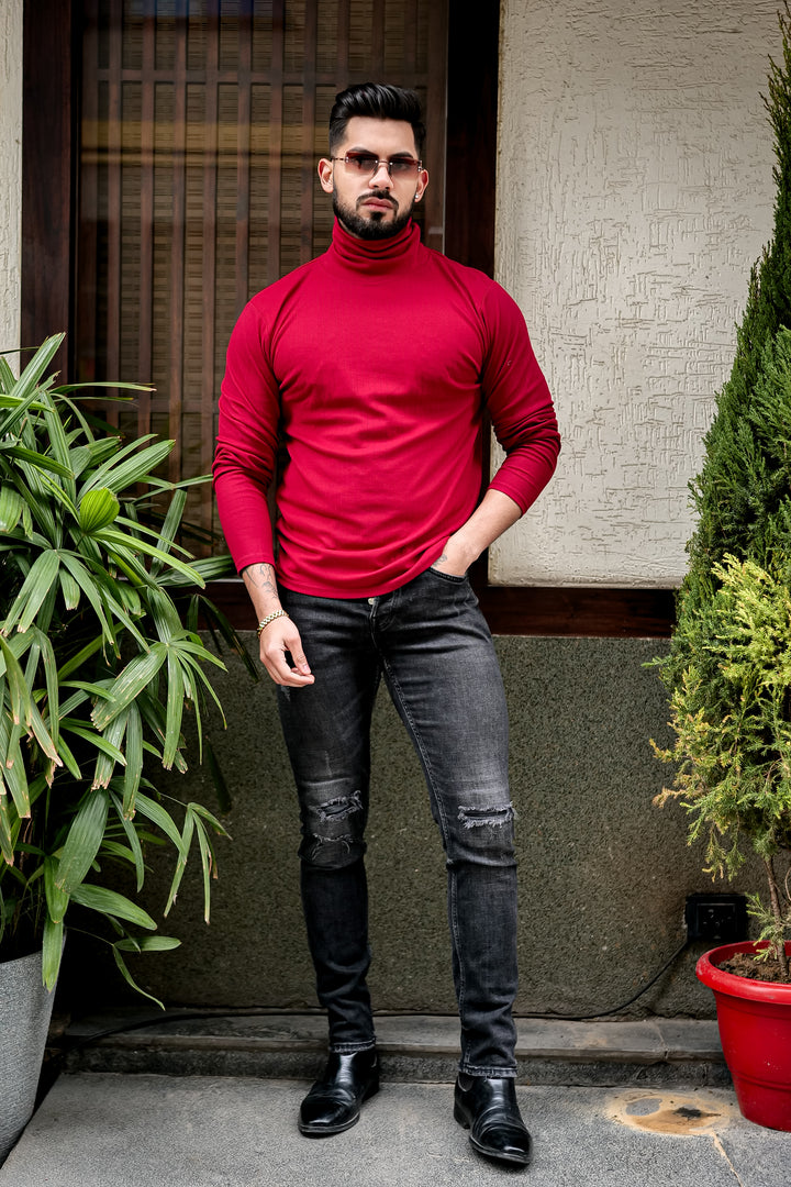 Maroon Self Design High Neck T-Shirt