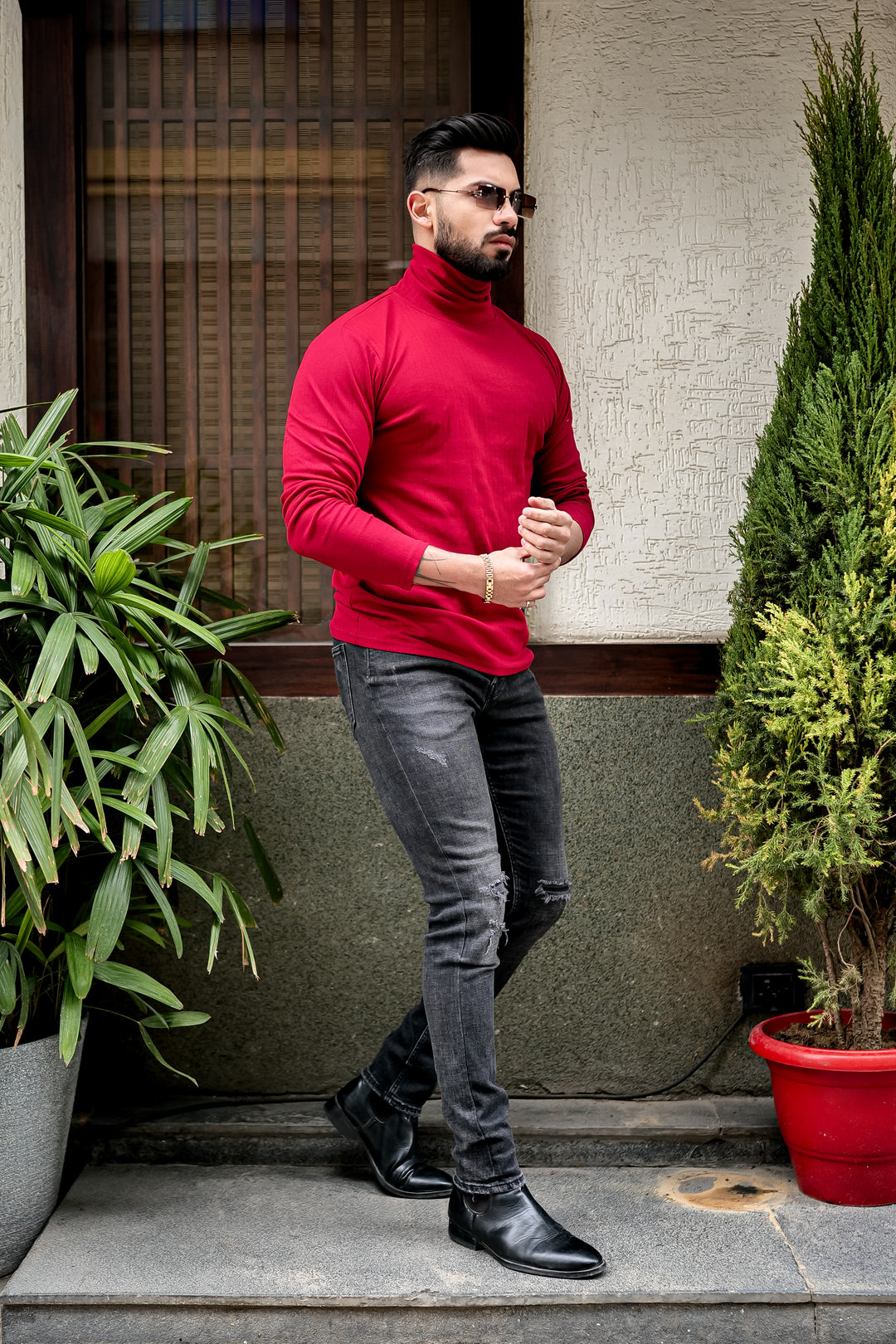Maroon Self Design High Neck T-Shirt