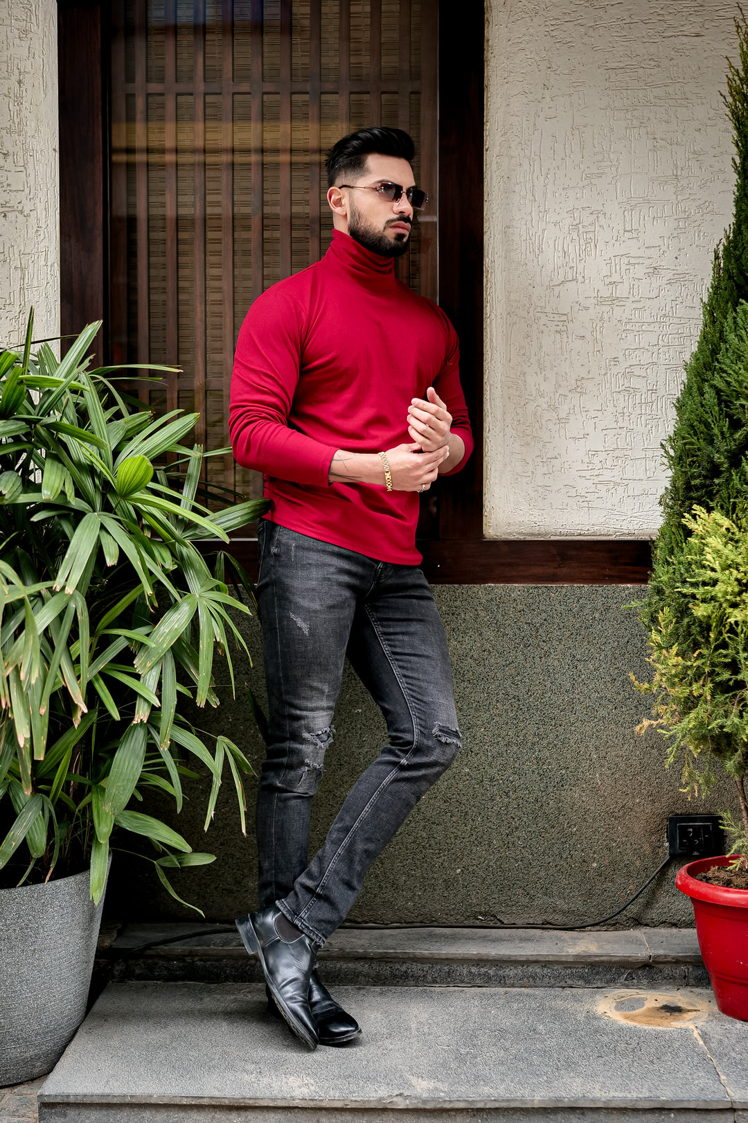 Maroon Self Design High Neck T-Shirt