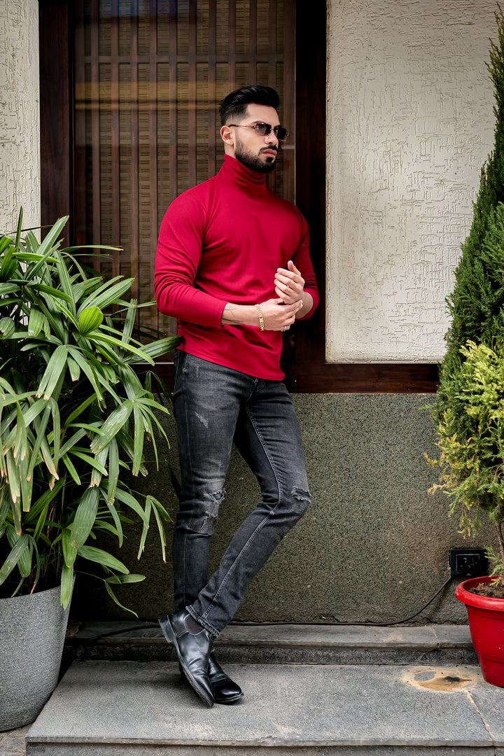 Maroon Self Design High Neck T-Shirt