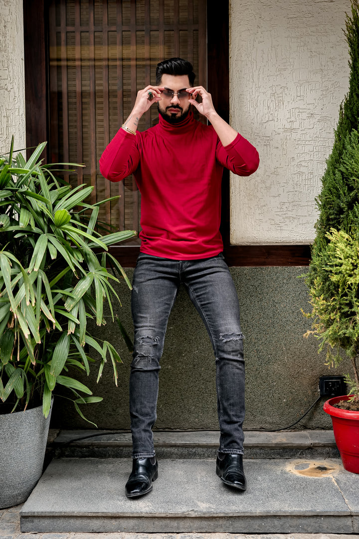 Maroon Self Design High Neck T-Shirt