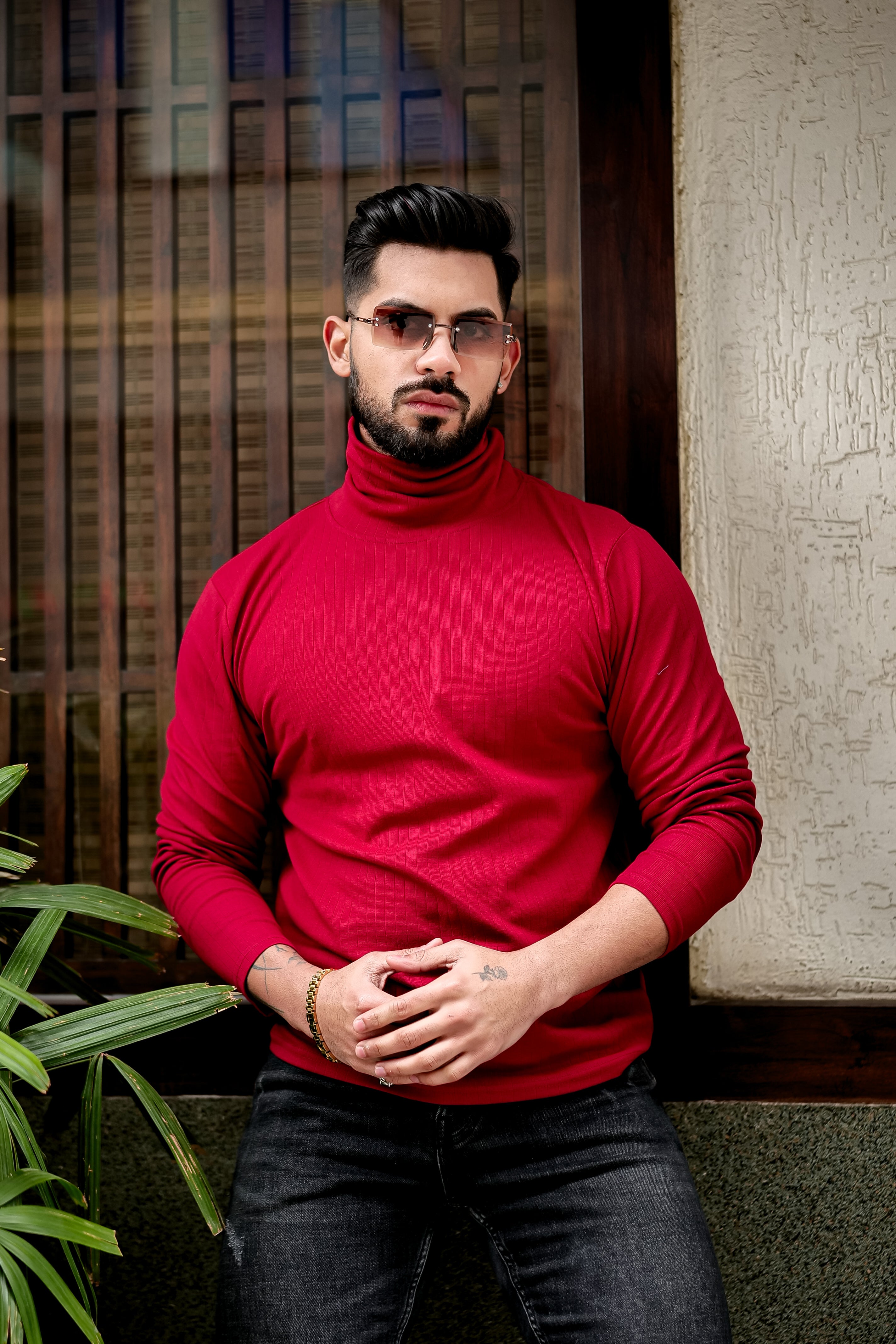 Maroon Self Design High Neck T-Shirt