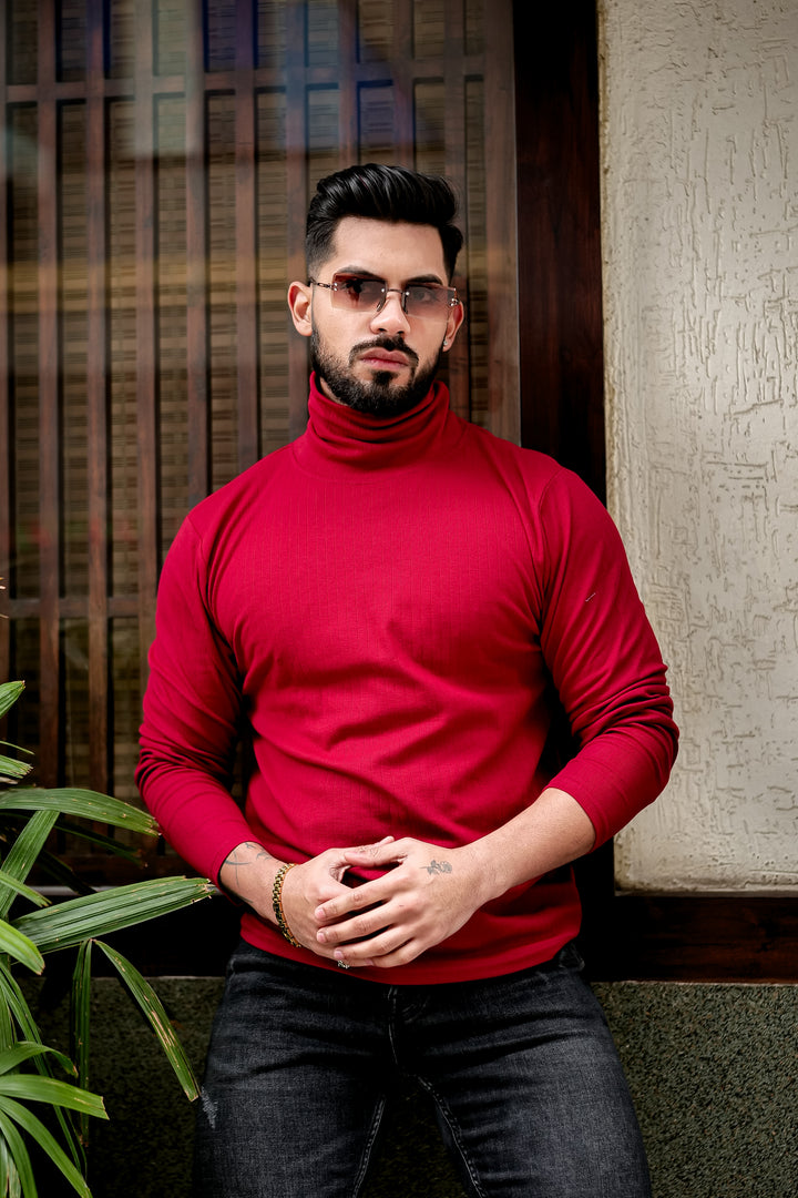 Maroon Self Design High Neck T-Shirt