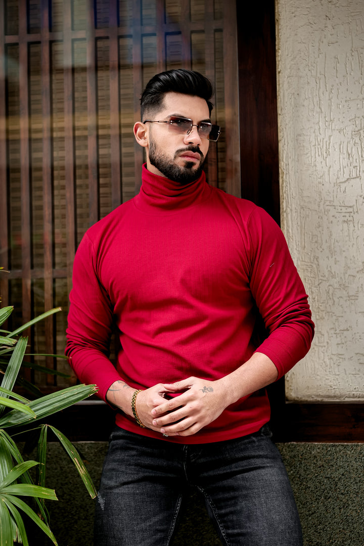 Maroon Self Design High Neck T-Shirt
