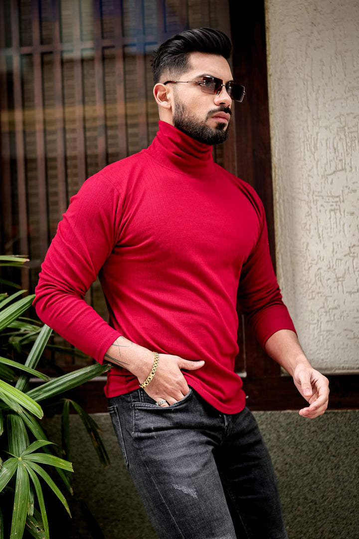 Maroon Self Design High Neck T-Shirt