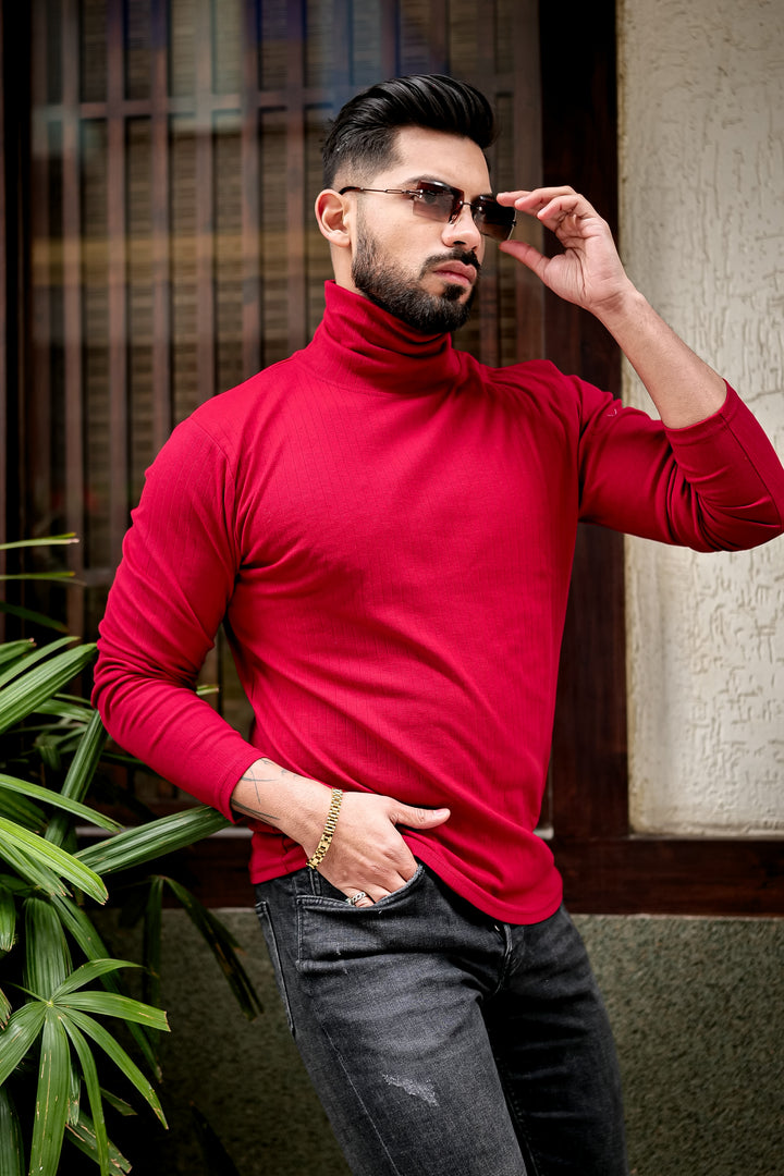 Maroon Self Design High Neck T-Shirt