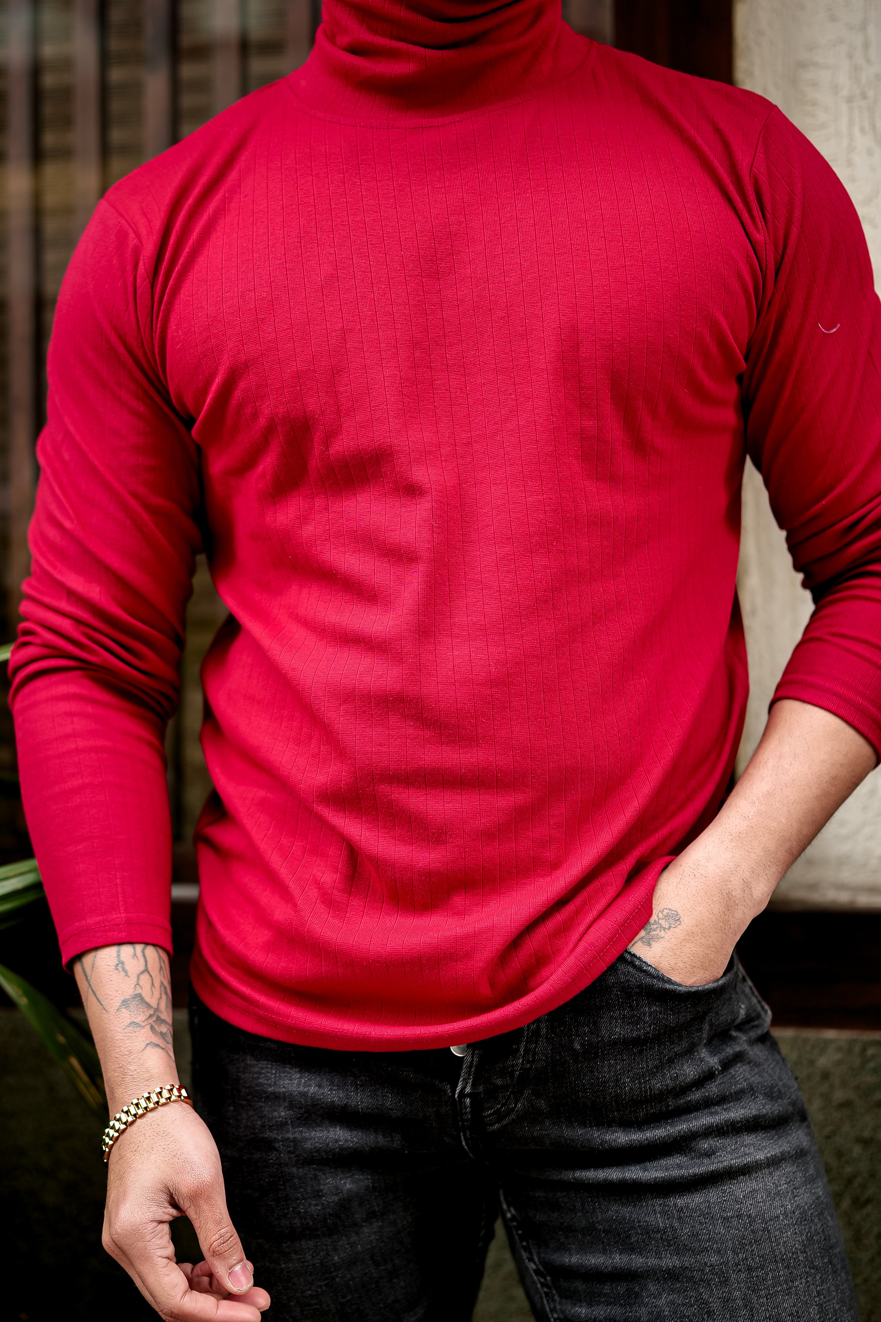 Maroon Self Design High Neck T-Shirt