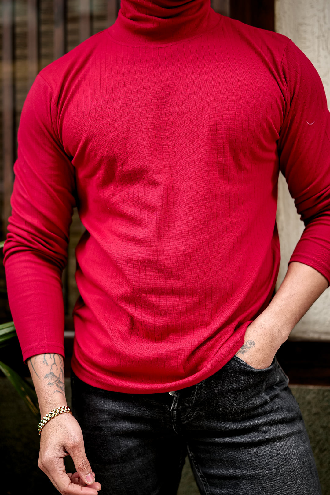 Maroon Self Design High Neck T-Shirt