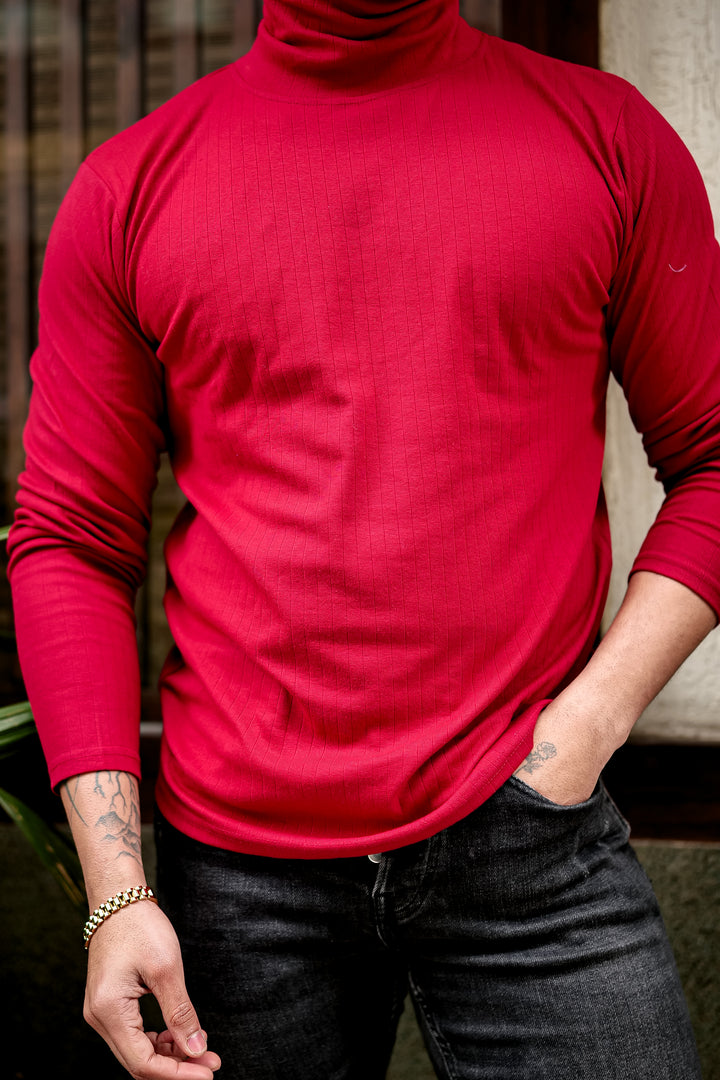 Maroon Self Design High Neck T-Shirt