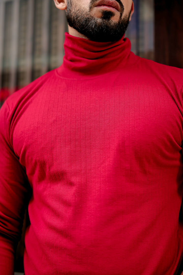 Maroon Self Design High Neck T-Shirt