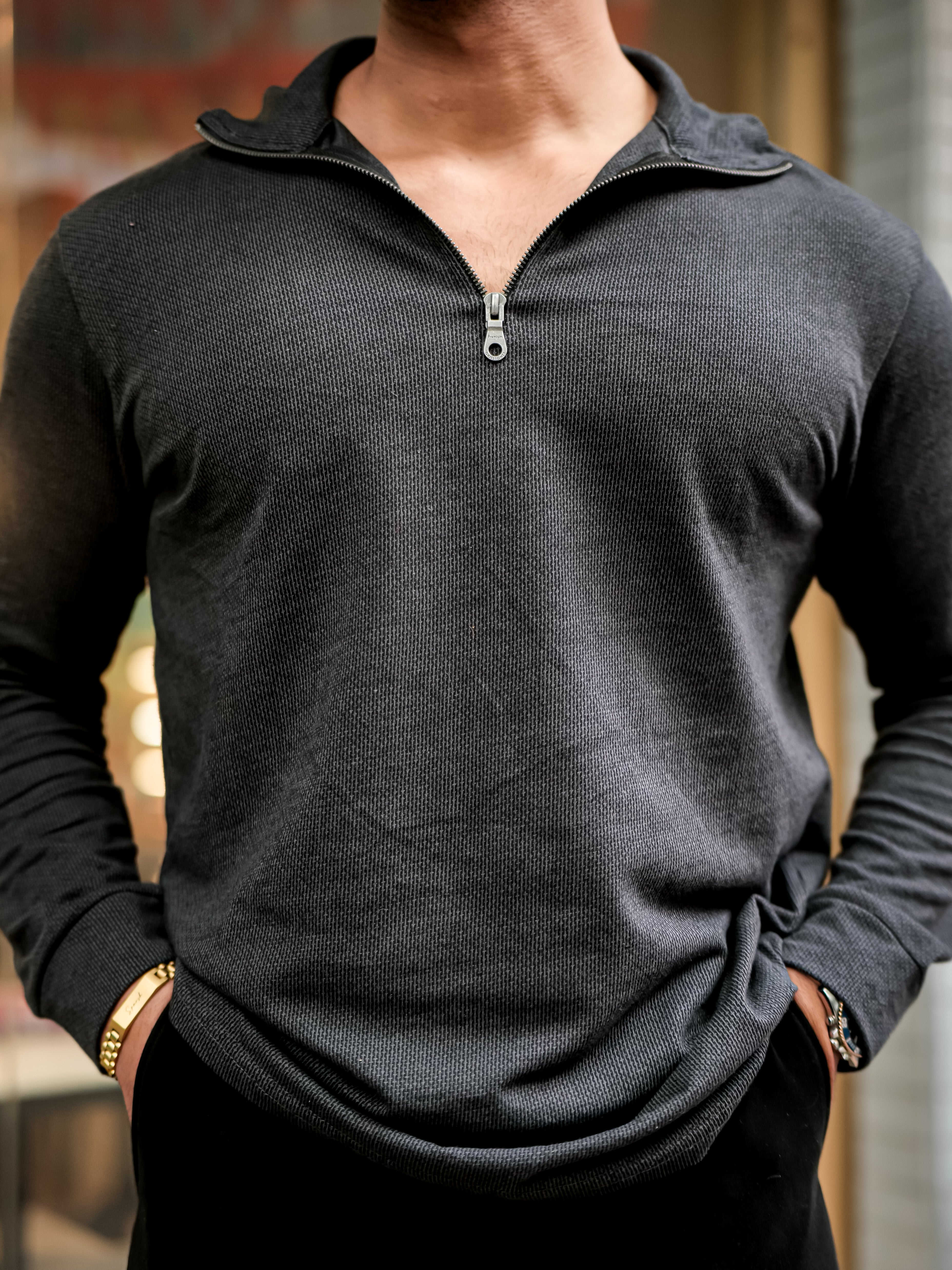 Black Self Design Textured Zipper T-Shirt
