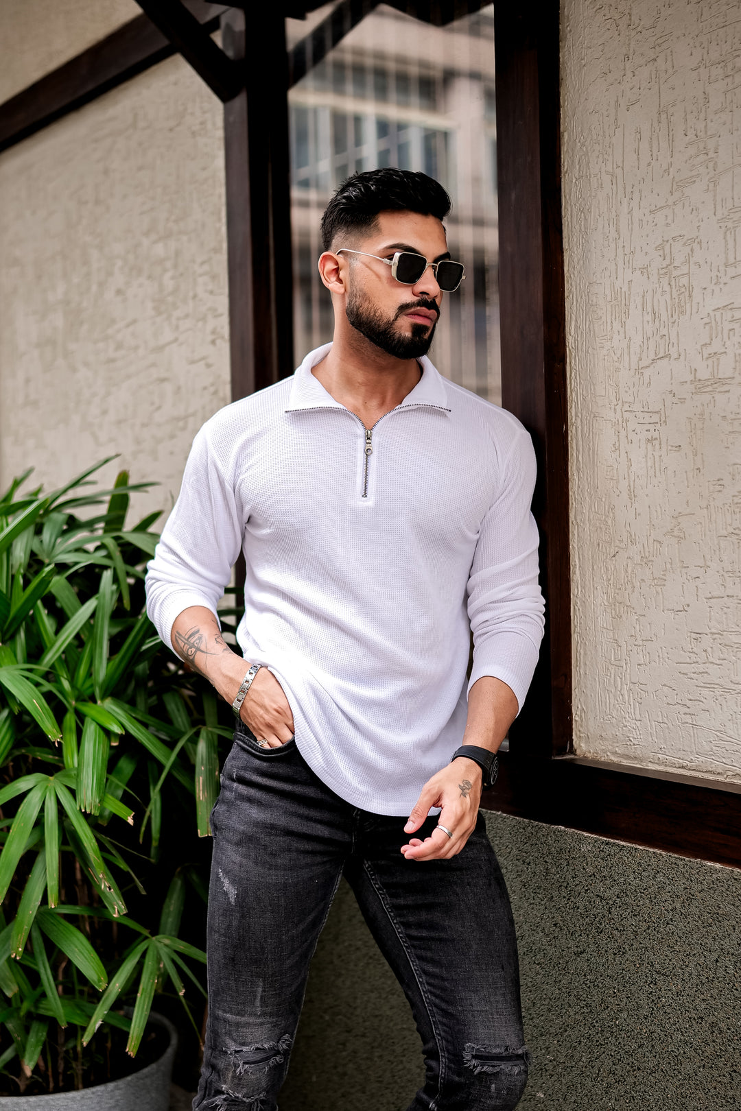 White Waffle Self Design Zipper T-Shirt