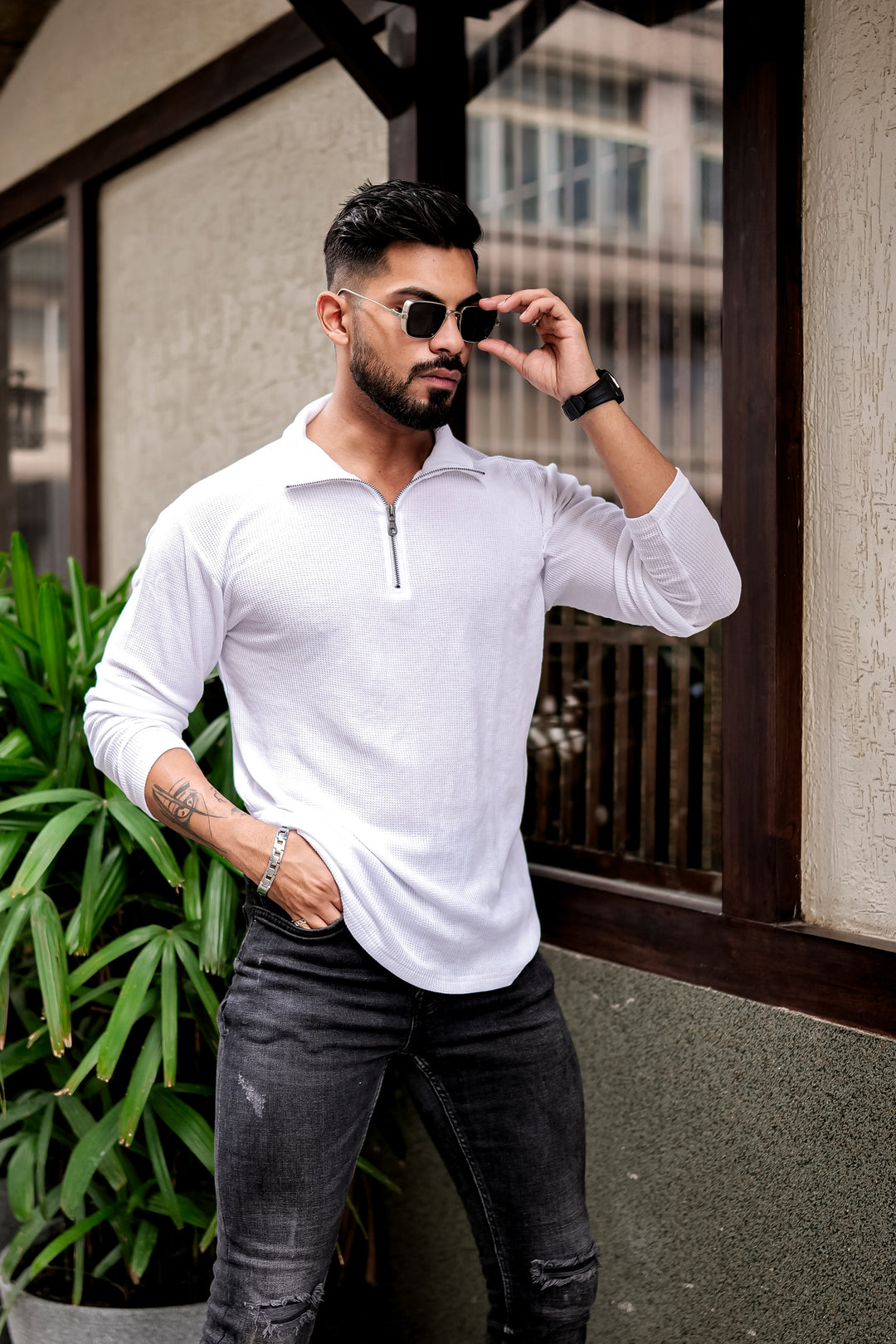 White Waffle Self Design Zipper T-Shirt