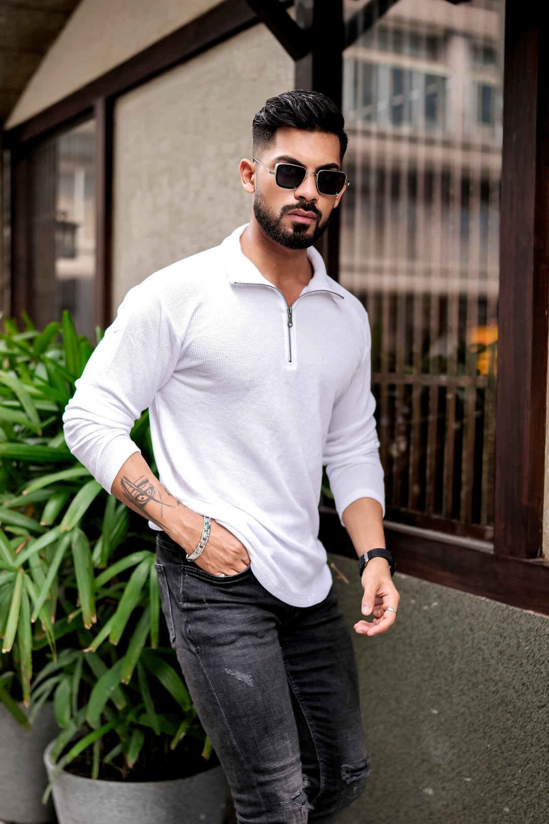 White Waffle Self Design Zipper T-Shirt