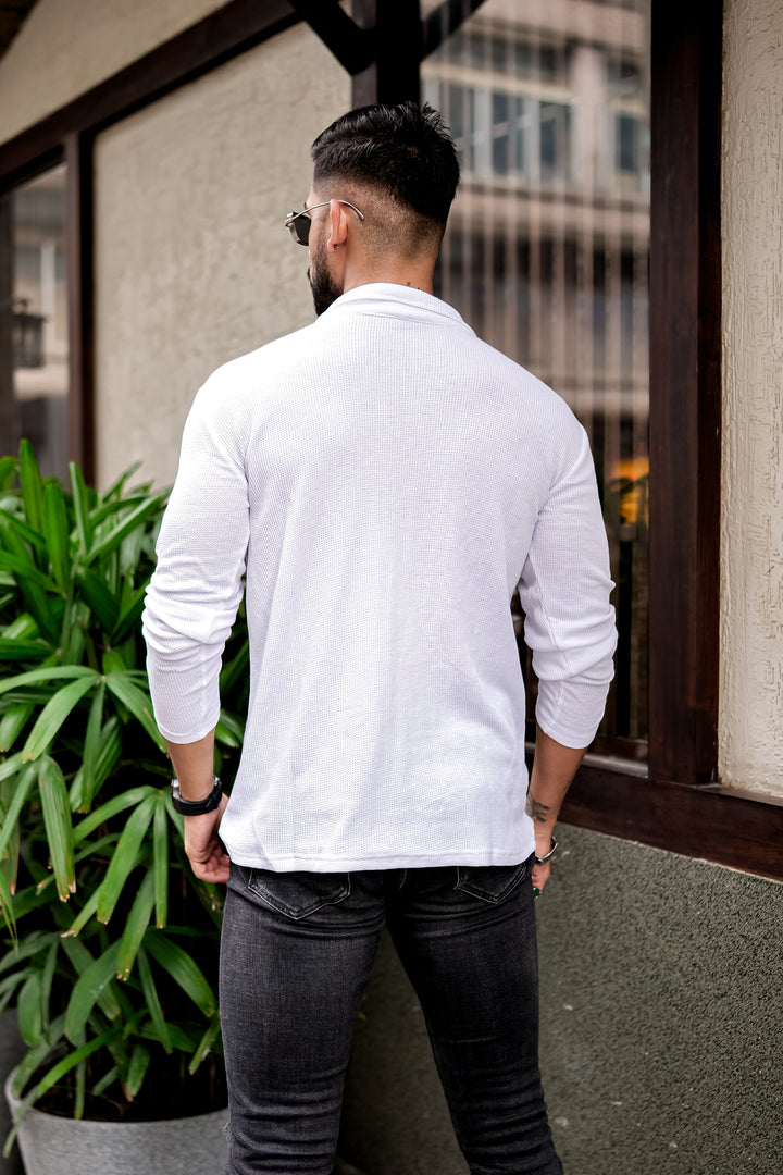 White Waffle Self Design Zipper T-Shirt