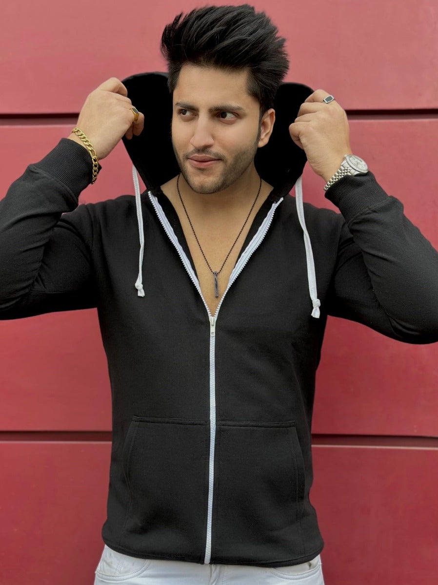 Black/White Full Sleeves Hooded Jacket with Kangaroo Pocket