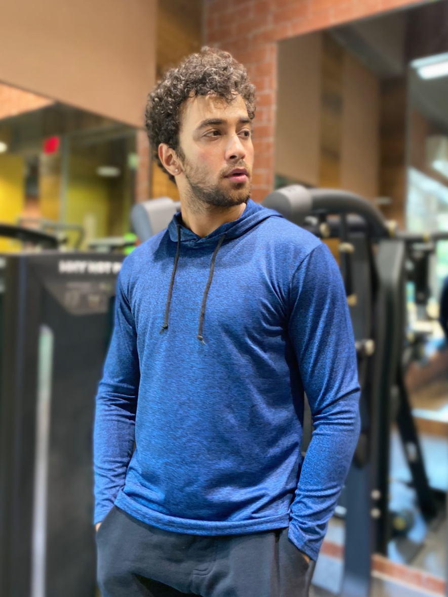 Blue Self Design Full Sleeve Polyester Hooded T-Shirt