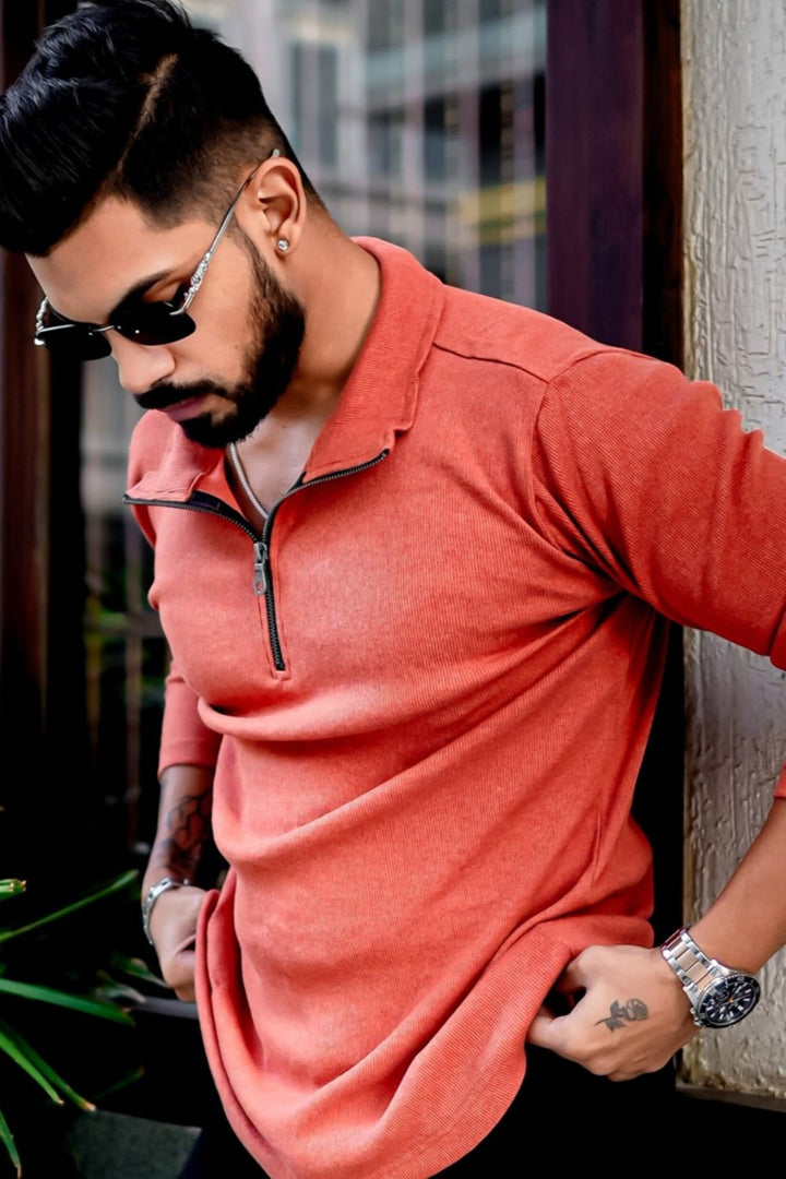 Orange Ribbed Self Design Zipper T-Shirt