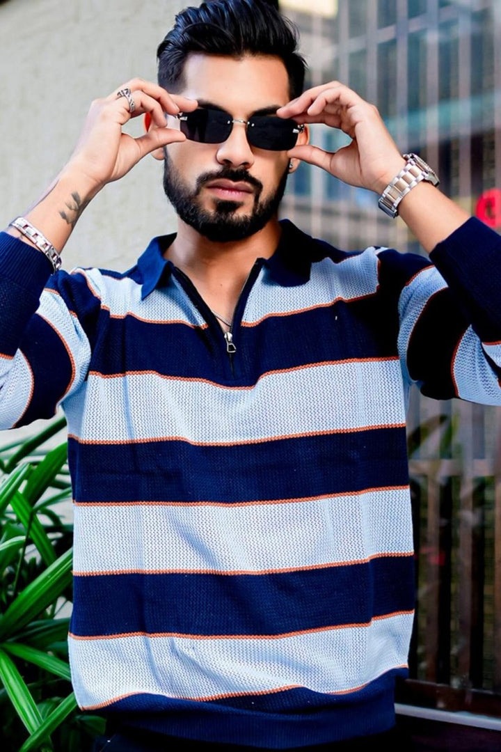 Blue Flat Knit Zipper Pullover T-Shirt