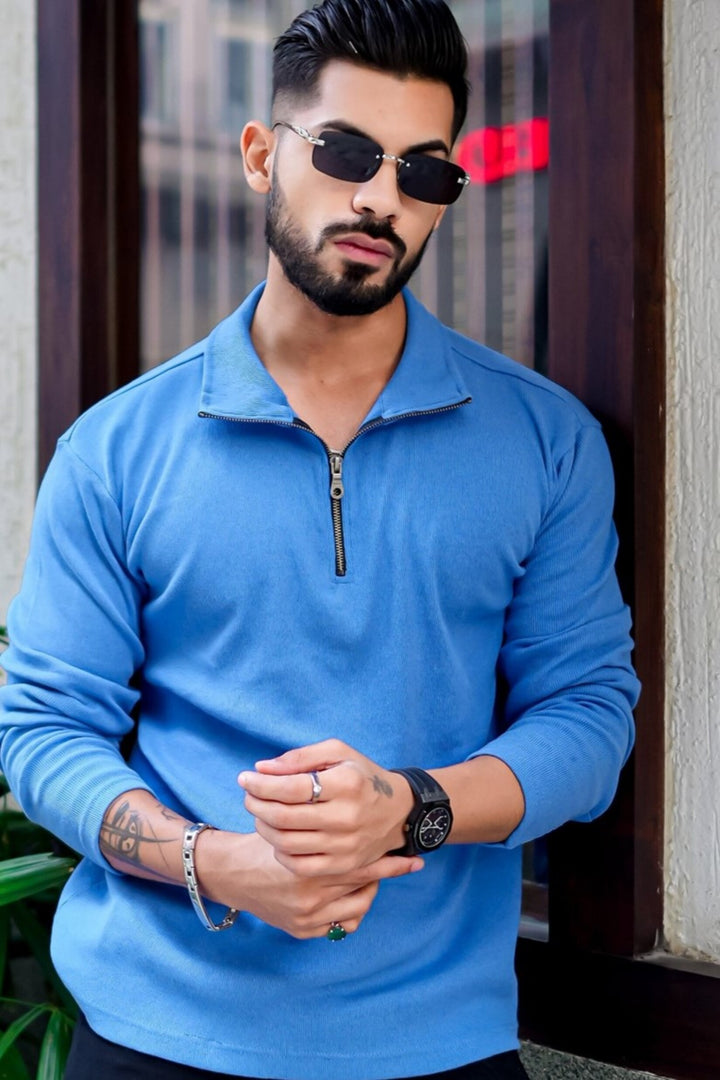 Blue Rib Zipper Self Design T-Shirt