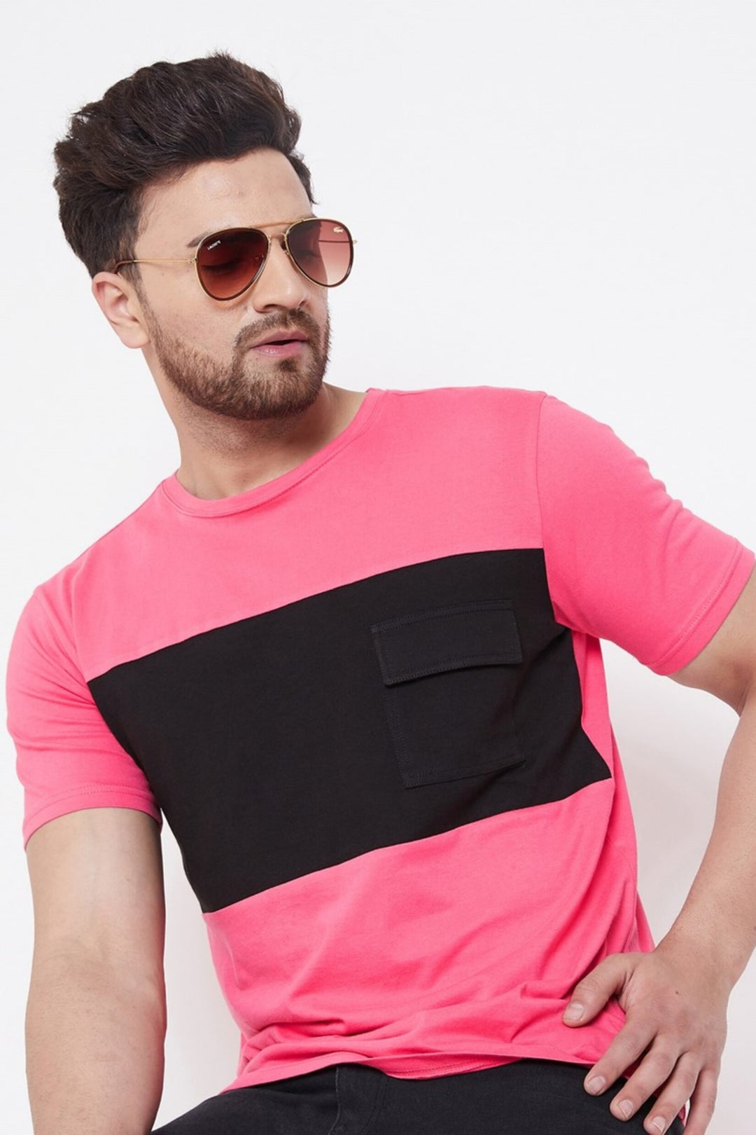 Pink/Black Men's Half Sleeves Round Neck T-Shirt