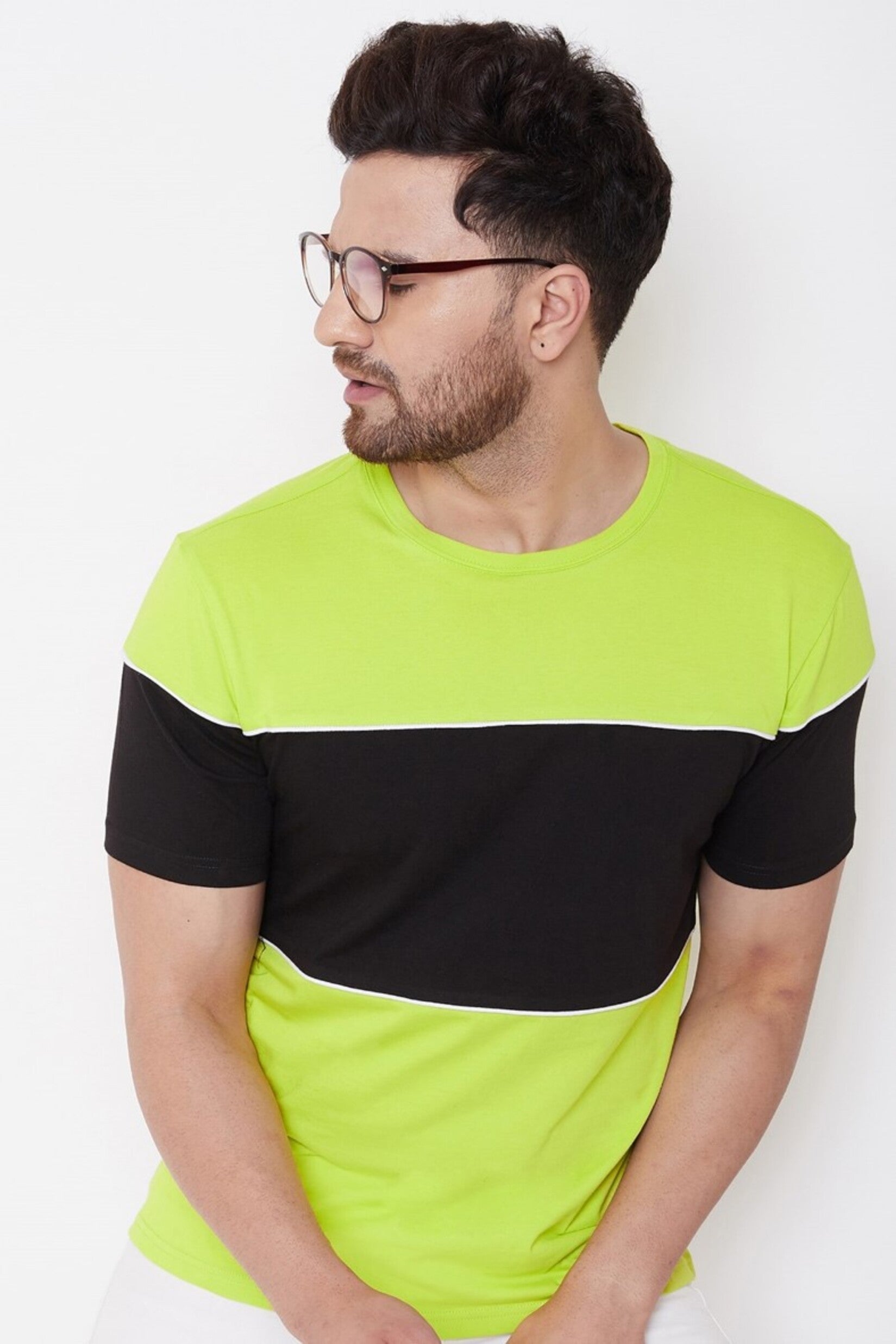Neon Green/Black/White Men's Half Sleeves Round Neck T-Shirt