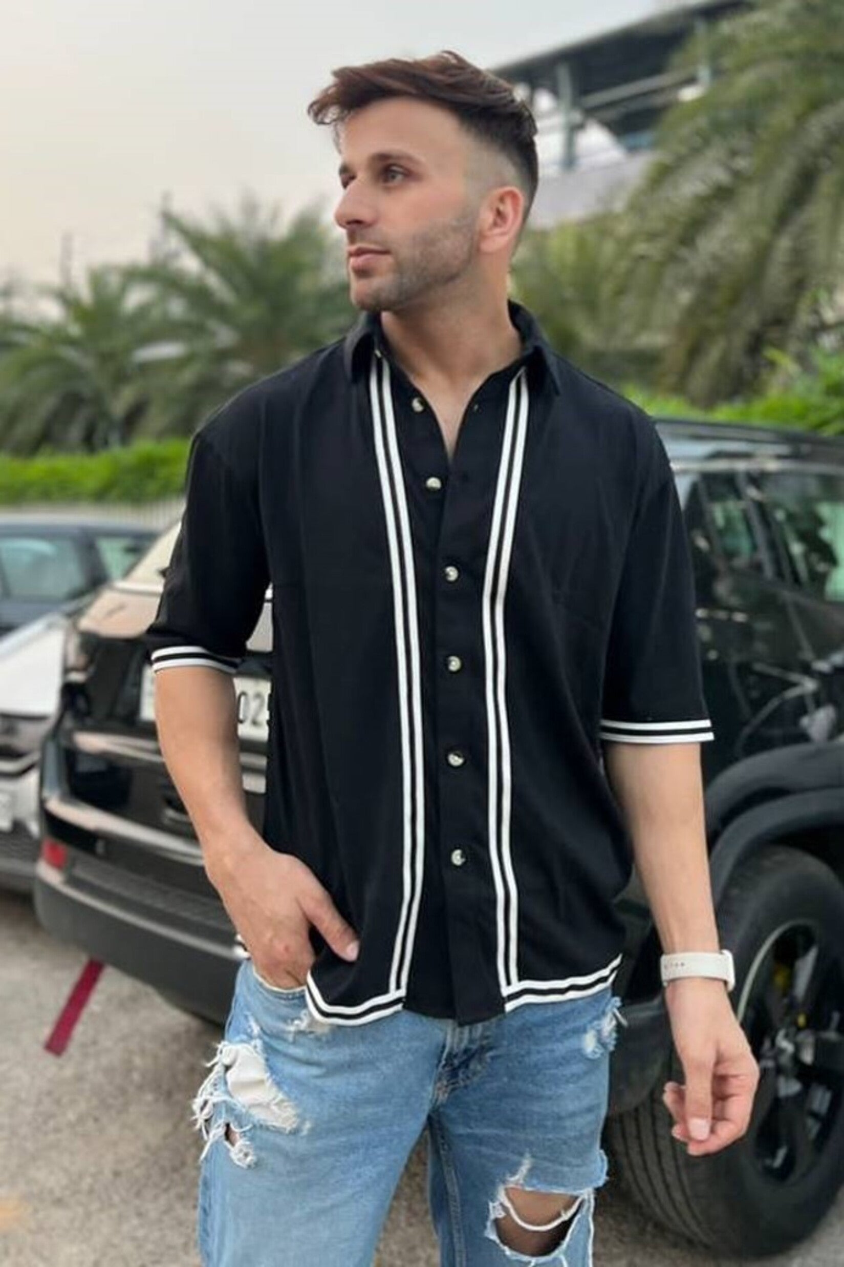 Oversized Half Sleeve Black Striped Knitted Shirt