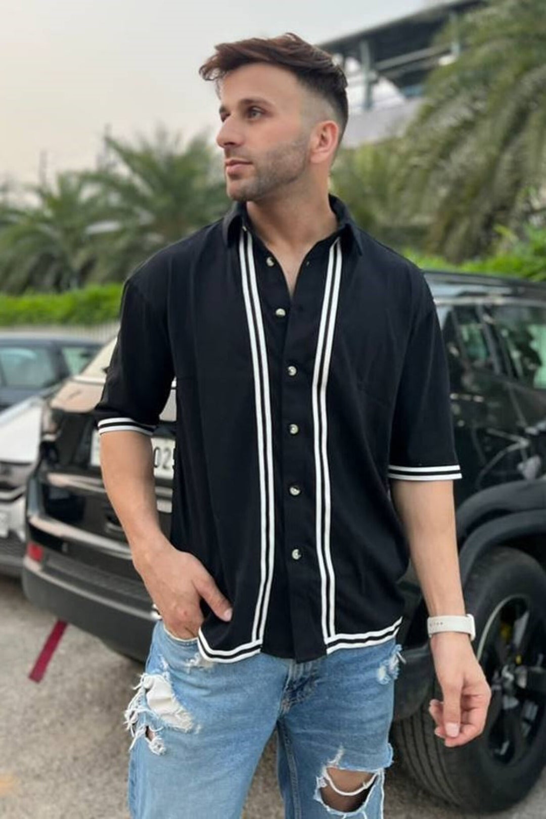 Oversized Half Sleeve Black Striped Knitted Shirt