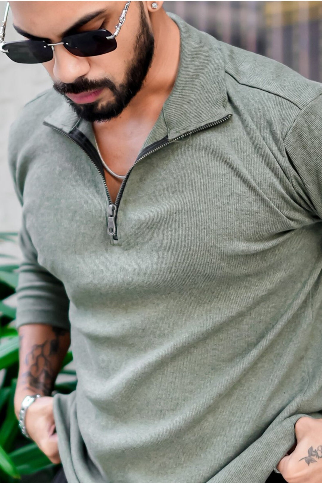 Green Rib Zipper Self Design T-Shirt