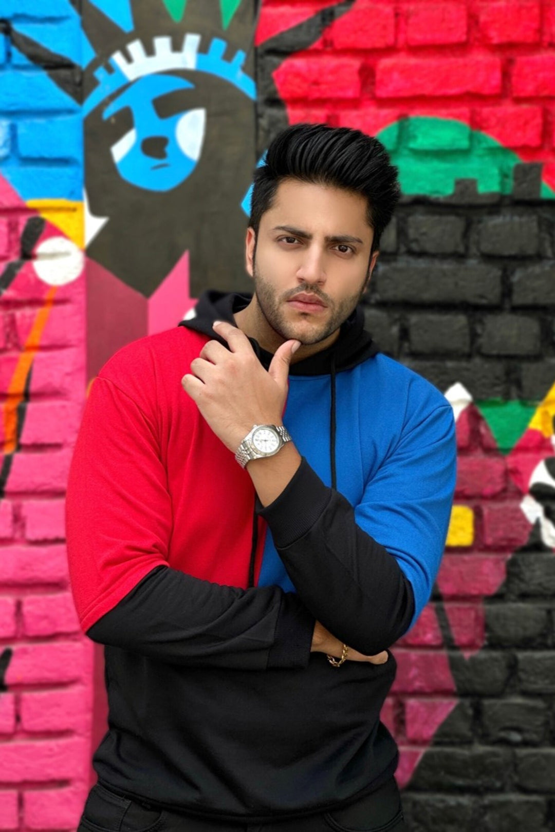 Hooded Full Sleeve Black Red Blue Color Block  Sweatshirt