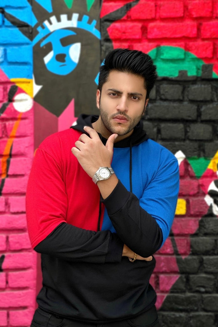Hooded Full Sleeve Black Red Blue Color Block  Sweatshirt