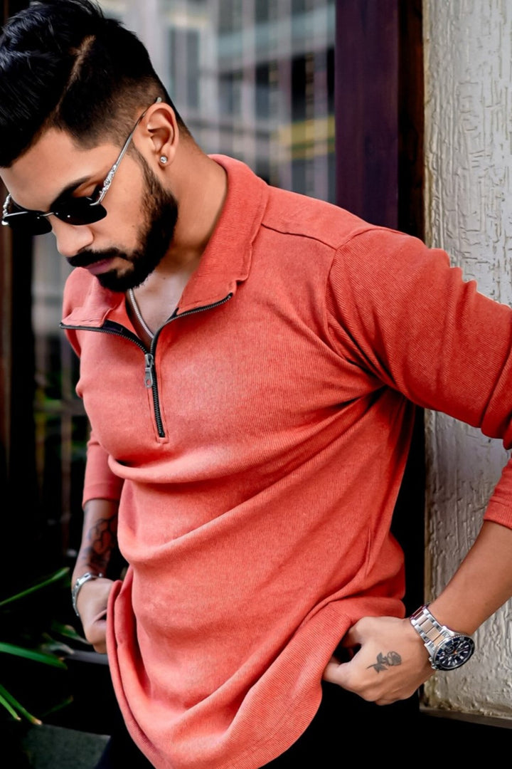 Orange Ribbed Self Design Zipper T-Shirt
