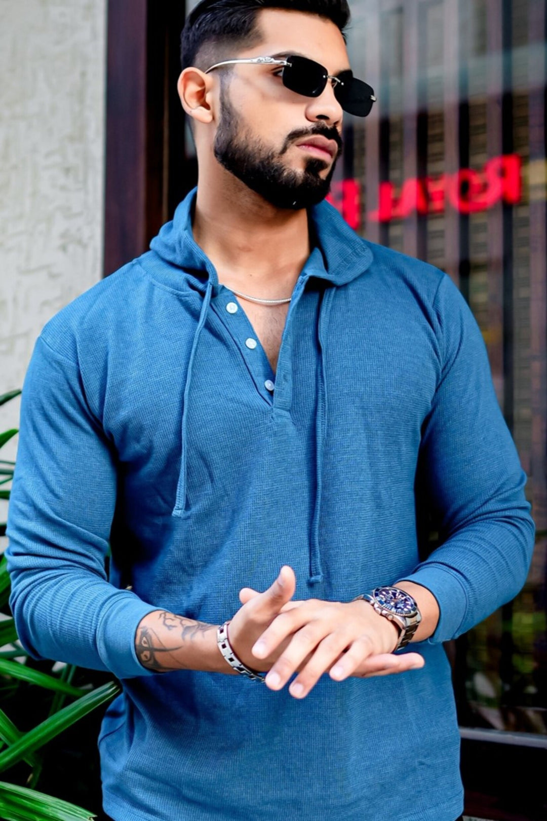 Turquoise Blue Waffle Placket Hooded T-Shirt