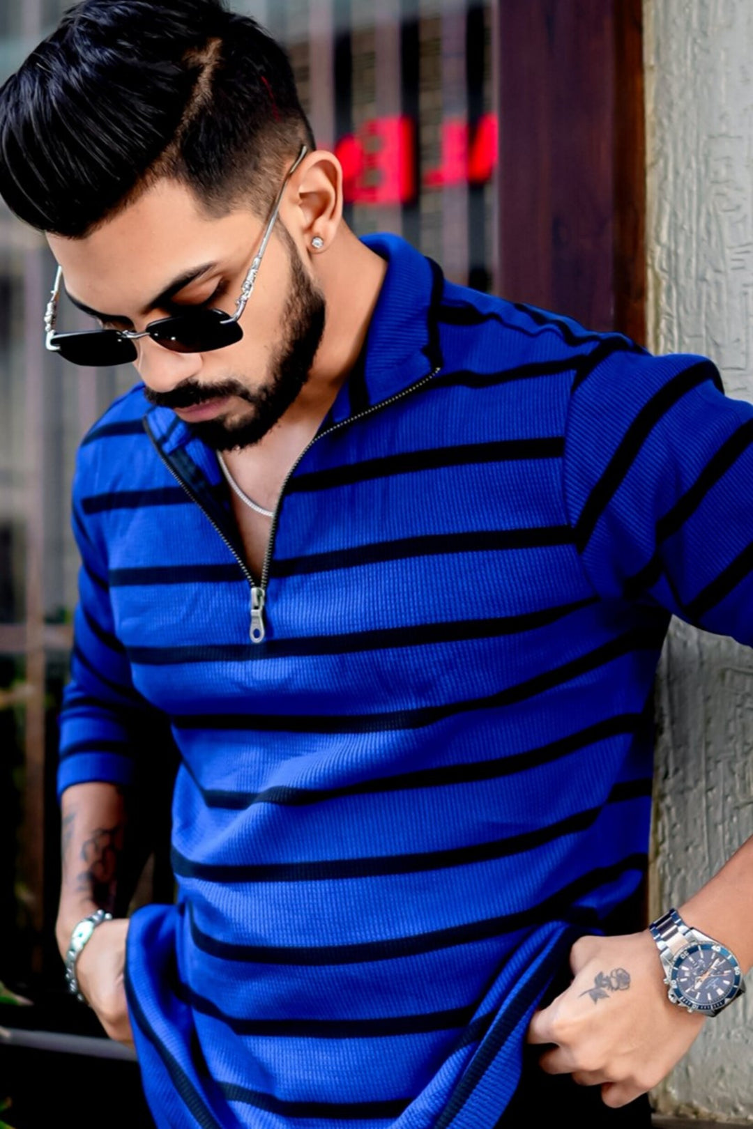 Royal Blue Zipper Striper Self Design T-Shirt
