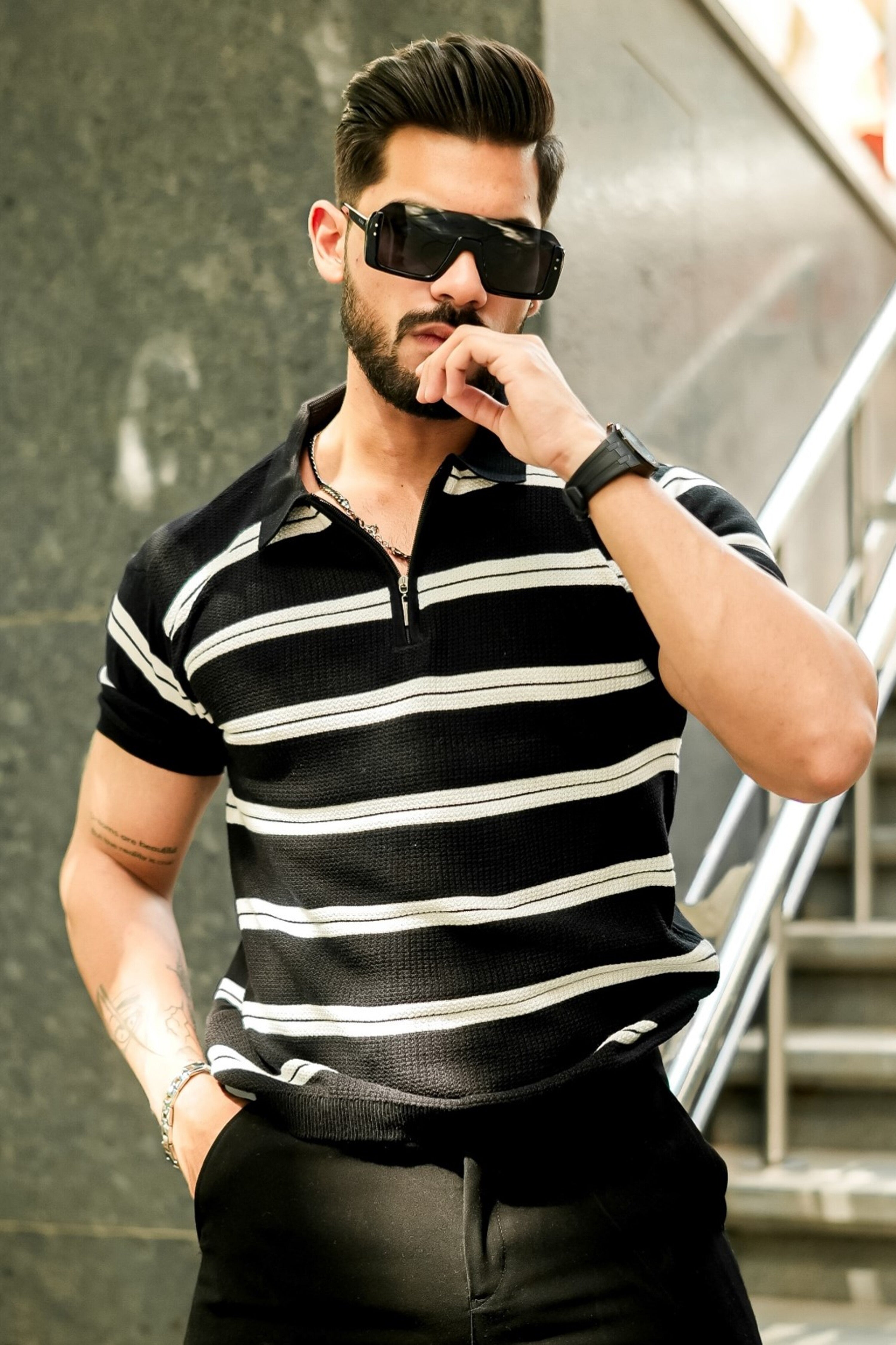Black Textured Self Design Zipper T-Shirt