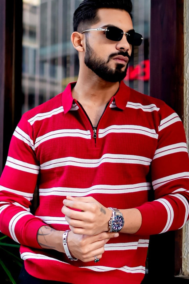 Red Zipper Flat Knit Polo T-shirt