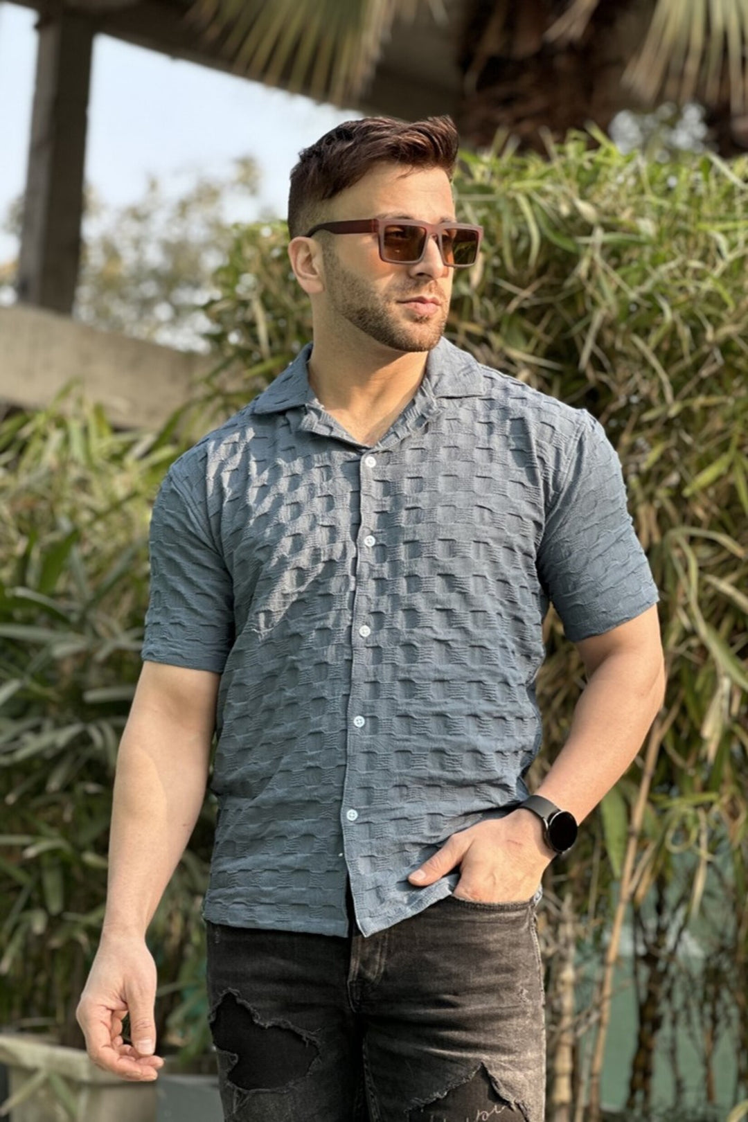 Teal Blue Oversized Self Design Shirt