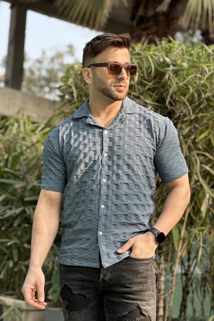 Teal Blue Oversized Self Design Shirt