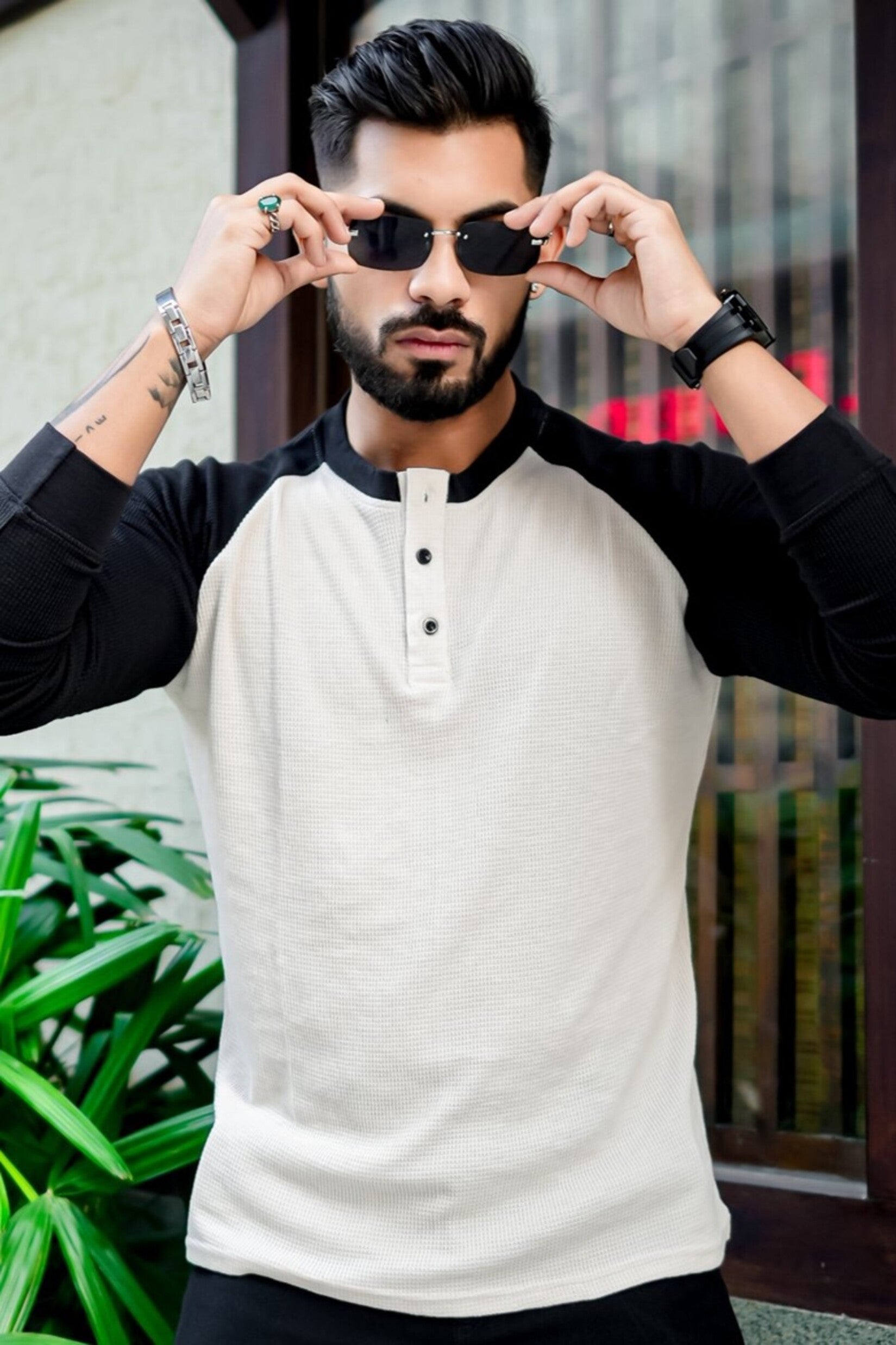White Black Raglan Full Sleeve Waffle T-Shirt