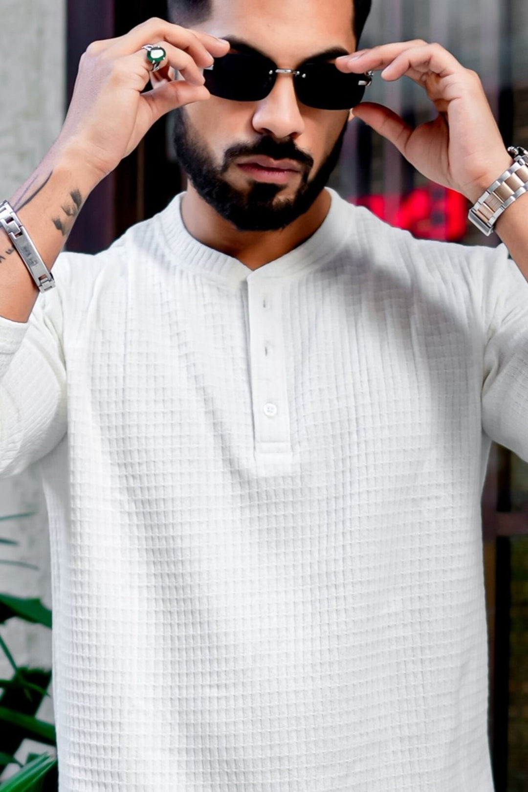 White Waffle Square Henley T-Shirt