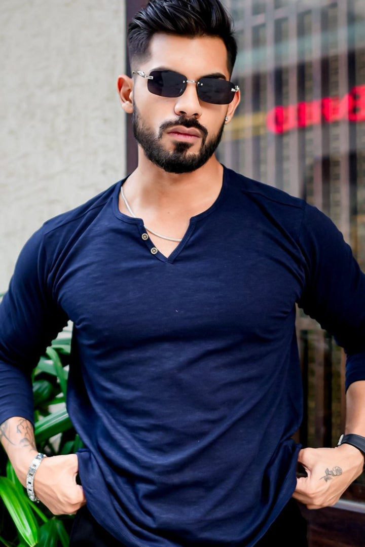 Dark Navy Open Slub Henley T-Shirt