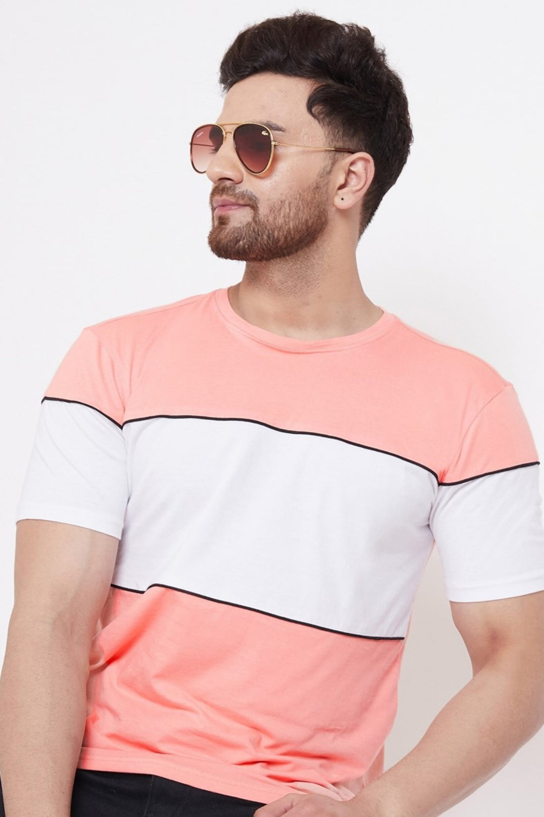 Coral/White/Black Men's Half Sleeves Round Neck T-Shirt