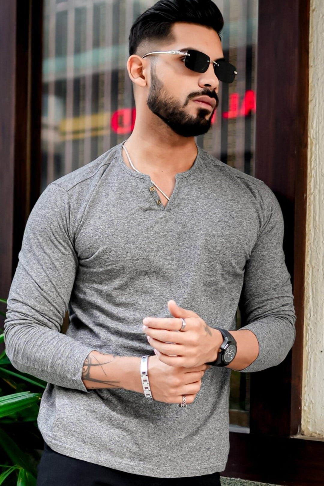 Light Grey Open Slub Henley T-Shirt